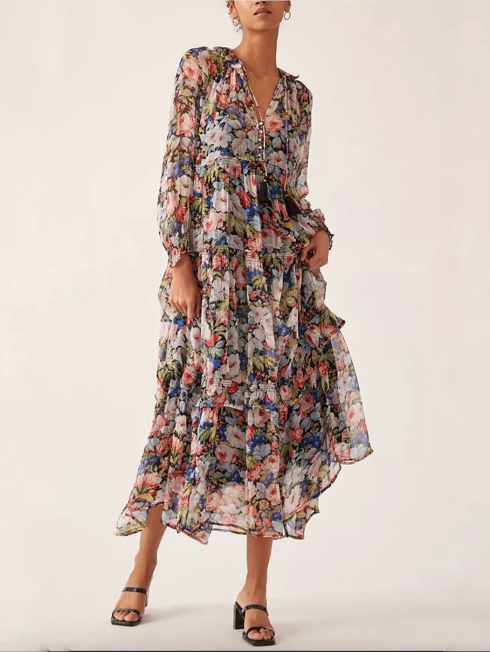 Anthropologie The Marais dress Black Floral Print Chiffon Maxi womens XS no slip